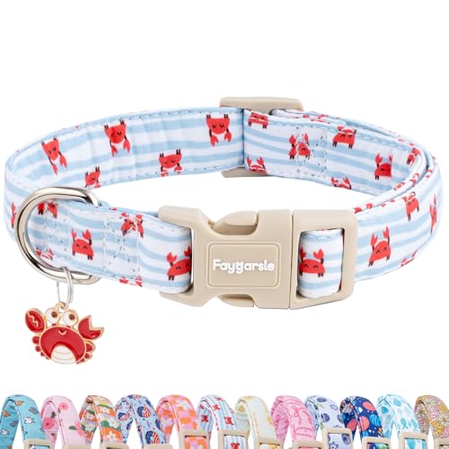 Faygarsle Cute Crab Pattern Dog Collar, Cotton Fabric, Light Blue Stripes, for Small Medium Large Dogs S - color: Red Crab, size: Small