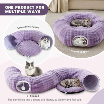 Bubble Cat Tunnel for Indoor Cats, Round Peekaboo Cave Toy with Dangling Balls, Donut Tunnel Bed with Circle Mat for Puppy Kitten Rabbit, Dusty Purple - color: Dusty Purple
