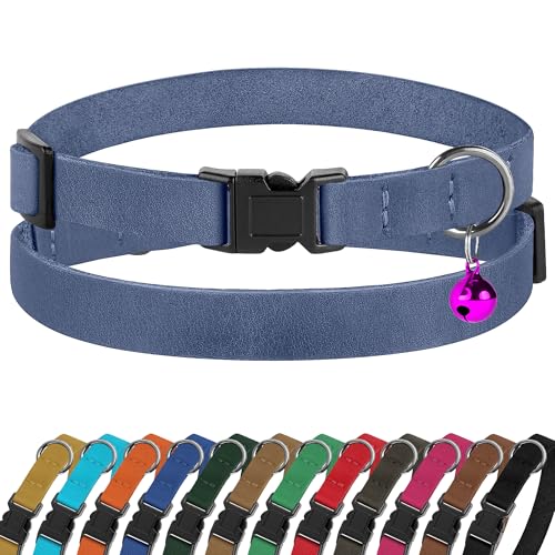 Breakaway Cat Collar Leather with Removable Bell - 13 Colors Available - Soft Adjustable Girl Boy Safety Lightweight Pet Kitten Collars Pink Brown Blue Green Red Orange Black (Denim) - color: Denim