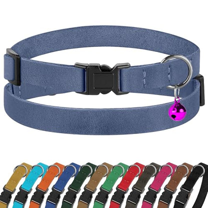 Breakaway Cat Collar Leather with Removable Bell - 13 Colors Available - Soft Adjustable Girl Boy Safety Lightweight Pet Kitten Collars Pink Brown Blue Green Red Orange Black (Denim) - color: Denim