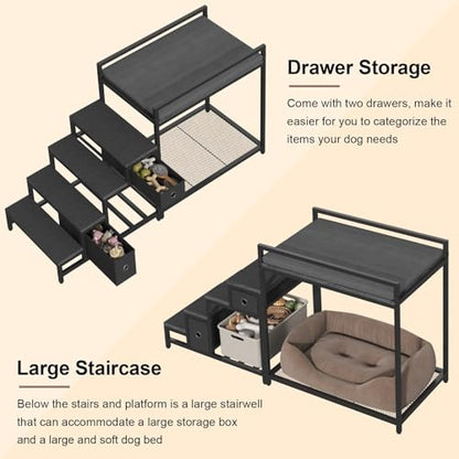 Saudism Pet Bunk Bed with Removable Stairs and 2 Drawers, Dogs/Cats Window Perch, Dog Window Seat with Soft Cushion, Ultra-Shallow Steps, Sturdy Metal Frame, Non-Slip, Load Capacity 60 LBS - color: Black
