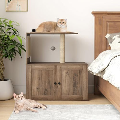 Tangkula Cat Tree with Litter Box Enclosure, Hidden Litter Box Cat Tower with Sisal Scratching Post & Mat, Dangling Ball, Vented Holes, Farmhouse Cat House Washroom (Oak Gray)
