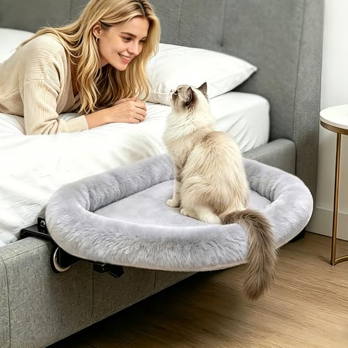 IPOW Heavy Duty Steel Frame 180°Rotating Cat Bedside Bed Semi-Circular Cat Bed for Bedside, Soft Faux Rabbit Fur Material, Suitable for Various Desktops-Maximum Hold Up to 40lb - color: gray