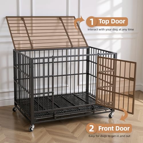 VOWNER 38 inch Heavy Duty Indestructible Dog Crate, Escape-Proof Dog Crate Cage Kennel with 4 Lockable Wheels, High Anxiety Dog Crate with Double Door and Removable Tray Design, for Large Dogs - size: 38.2"L x 24.9"W x 29.1"H
