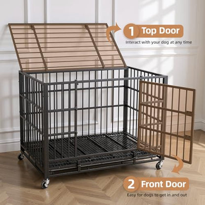 VOWNER 38 inch Heavy Duty Indestructible Dog Crate, Escape-Proof Dog Crate Cage Kennel with 4 Lockable Wheels, High Anxiety Dog Crate with Double Door and Removable Tray Design, for Large Dogs - size: 38.2"L x 24.9"W x 29.1"H