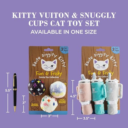 Haute Diggity Kitty Vuiton Monogram Balls + Snuggly Cups Set, Plush Cat Toys Catnip Filled with Interactive Crackle Sound, Safe & Durable Toys for Cat & Kitten, 6 Pcs - style: Kitty Vuiton Monogram Balls + Snuggly Cups