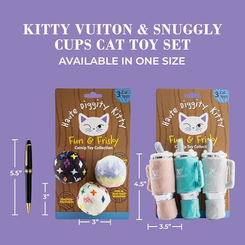 Haute Diggity Kitty Vuiton Monogram Balls + Snuggly Cups Set, Plush Cat Toys Catnip Filled with Interactive Crackle Sound, Safe & Durable Toys for Cat & Kitten, 6 Pcs - style: Kitty Vuiton Monogram Balls + Snuggly Cups