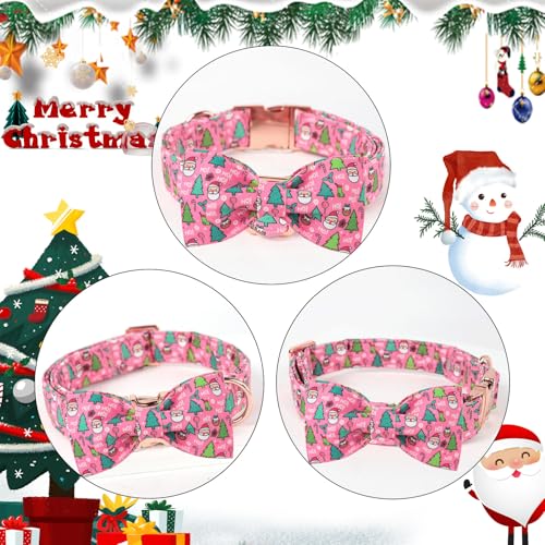 Christmas Dog Collar with Bow Tie - Cute Christmas Tree & Santa Pattern Pink Puppy Collar, Adjustable Metal Buckle Winter Holiday Bowtie Dog Collars for Small Medium Large Dogs XS - color: B-Pink Santa Claus, size: XS