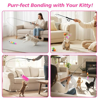 Pawaboo Cat Teaser Wand Toys, Cat Fishing Pole Toy with 3 Pack Feather Refills, 3-section Retractable Kitten Feather Toys with Pulley, Indoor Cats Teaser Catcher Exerciser with Bell,Rainbow + Rose Red - color: Plush-Rainbow
