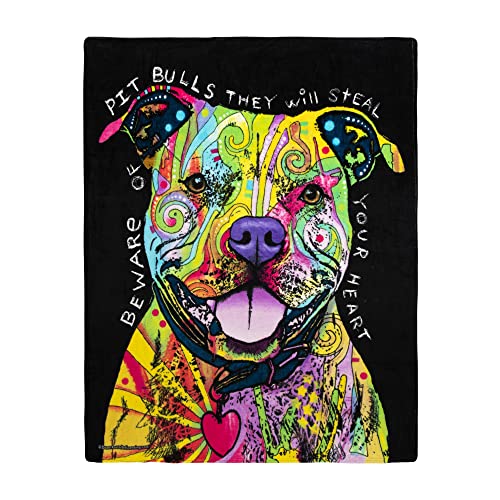 Dawhud Direct 50 x 60 Inch Pitbull Fleece Blanket Throw with Dean Russo Dog Art - Soft and Colorful Pitbull Blankets for Adults, Kids, Bed Couch Sofa Travel - Thoughtful Gift for Dog Lovers - color: Dean Russo Beware of Pit Bulls They Will Steal Your Hear