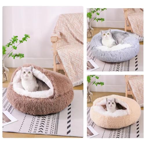 Cat Bed Round Fluffy Hooded Cat Bed Cave, Anti-Anxiety Cave Bed with Hooded Blanket, Cozy Cuddler Luxury Puppy Pet Bed, Anti-Slip Bottom and Machine Washable (Brown, Large) - color: Brown, size: Large