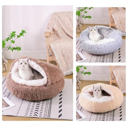 Cat Bed Round Fluffy Hooded Cat Bed Cave, Anti-Anxiety Cave Bed with Hooded Blanket, Cozy Cuddler Luxury Puppy Pet Bed, Anti-Slip Bottom and Machine Washable (Brown, Large) - color: Brown, size: Large