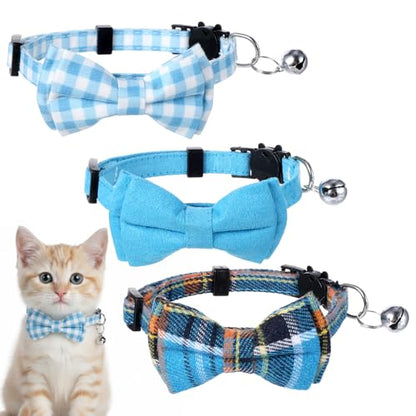 3pcs Bow Tie Cat Collar with Bells, Breakaway Bowtie Plaid Cat Collar, Soft Adjustable Bow Cats Collars for Kitten Puppy and Small Pets - color: blue