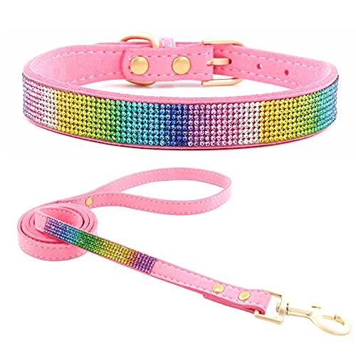 Rhinestone Bling Leather Dog Collar and Leash Set, Cute Dazzling Sparkling Soft Velvet Dog Cat Collar Crystal Diamond Puppy Collar (XXS, Pink2) - color: Pink2, size: XXS