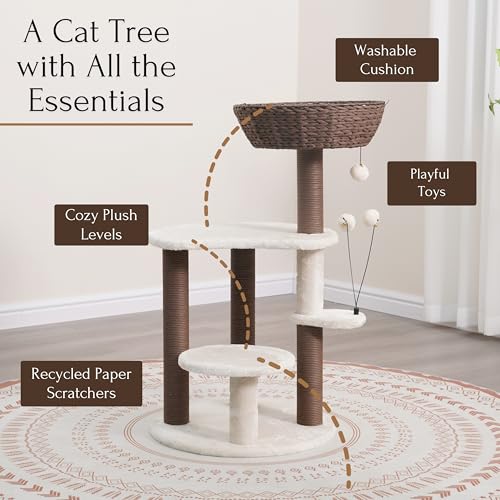 PetPals 5-Level 35" Cat Tree Tower with Paper Handwoven Basket Bed,Multi-Level Climbing Activity Tower with Replaceable Paper Rope Scratching Posts (Cream and Brown) - color: Cream and Brown