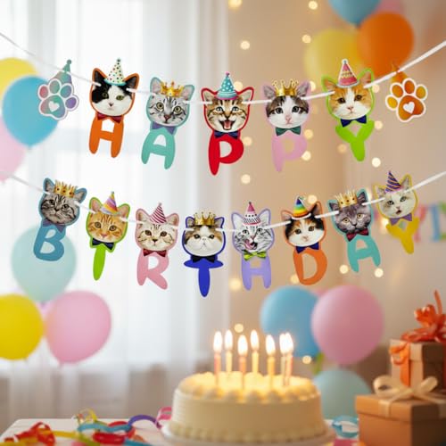 Cat Birthday Cake Topper & Paper Garland Banner Set – 12 Pc Kitten Cupcake Picks + 10ft Pennant, Reusable Indoor/Outdoor Party Decor for Cats & Kids (Banner Set) - size: Cat Birthday Banner Set