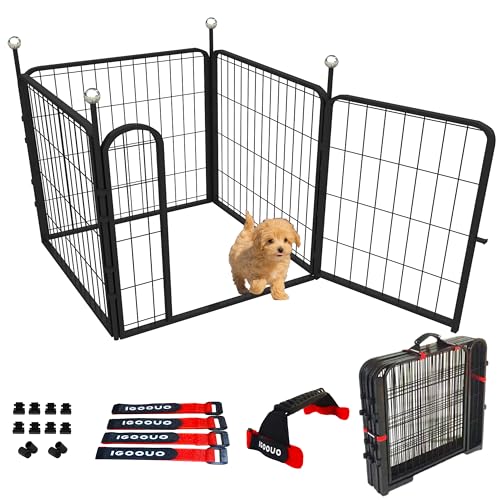 Puppy Playpen, IGOOUO 24'' Portable Dog Playpen with Easy-Carry Straps,4 Panels Dog Pen Play Pen for Small Dogs,Rustproof Pet Playpen for Camping RV Yard(with One Door) - size: 24'' High