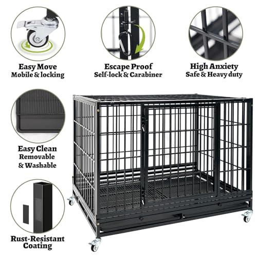 Heavy Duty Large Dog Crates for Large Dogs with Wheels, 47 Inch Metal Wire Stackable Dog Crate Cage with 2 Removable Trays, Multi Locks, Chew Proof Escape Proof Dog Kennel Indoor - size: 47.0"L x 29.0"W x 35.0"H