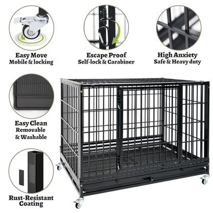 Heavy Duty Large Dog Crates for Large Dogs with Wheels, 47 Inch Metal Wire Stackable Dog Crate Cage with 2 Removable Trays, Multi Locks, Chew Proof Escape Proof Dog Kennel Indoor - size: 47.0"L x 29.0"W x 35.0"H