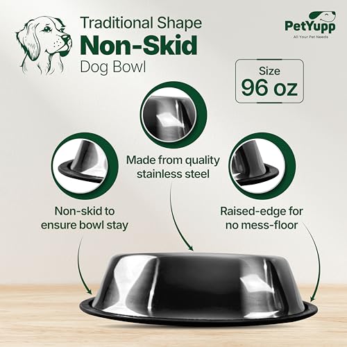Stainless Steel Dog Bowl – Non-Skid Rubber Base, Rust-Proof & Dishwasher Safe – Durable Food and Water Bowl for Dogs and Cats – 96oz - size: Non Skid Bowl - 96 oz