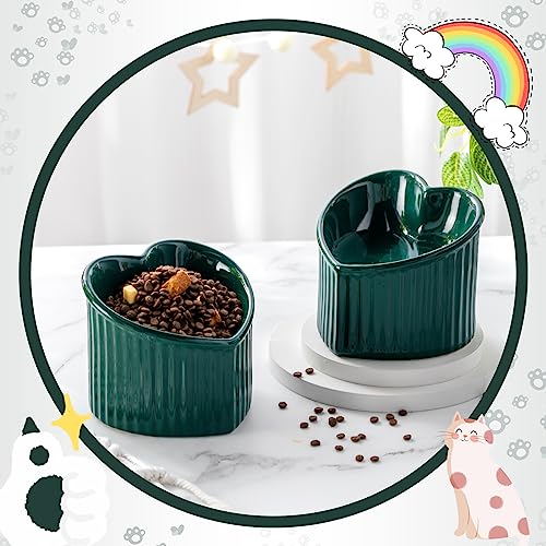 Mumufy 2 Pcs Ceramic Elevated Cat Bowls Tilted Elevated Raised Pet Bowls Anti Vomit Cat Dish for Indoor Stress Free Water Dish Feeder for Puppies, Heart Shaped(Peacock Green) - color: Peacock Green