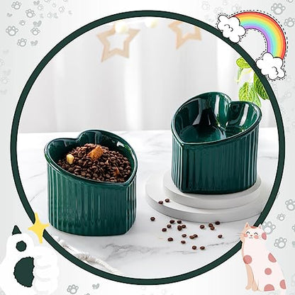 Mumufy 2 Pcs Ceramic Elevated Cat Bowls Tilted Elevated Raised Pet Bowls Anti Vomit Cat Dish for Indoor Stress Free Water Dish Feeder for Puppies, Heart Shaped(Peacock Green) - color: Peacock Green