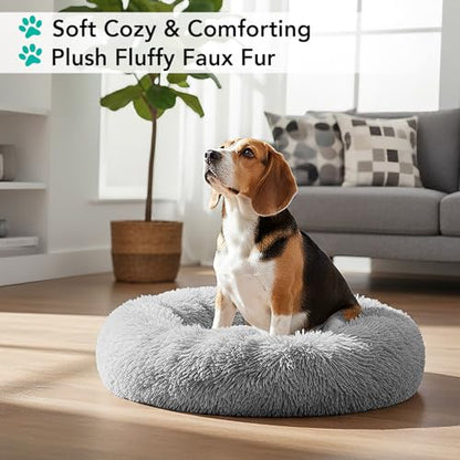 PetAmi Calming Dog Bed for Small & Medium Dogs and Cats, 30 Round Donut Dog Bed, Washable Fluffy Faux Fur Puppy & Cat Bed, Anti-Anxiety Plush Cuddler Pet Bed with Anti-Slip Bottom - Light Gray - color: Light Gray, size: Medium - 30"