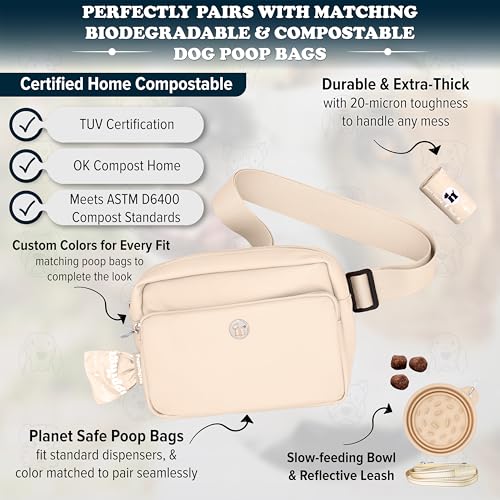 Puppington 3-in-1 Crossbody Dog Treat Pouch for Pet Training - Compostable Poop Bags, Built-In Poop Bag Dispenser, Slow-Feeding Travel Dog Bowl & Reflective Leash - Dog Walking Bag (Vanilla Cream) - color: Vanilla Cream