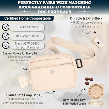 Puppington 3-in-1 Crossbody Dog Treat Pouch for Pet Training - Compostable Poop Bags, Built-In Poop Bag Dispenser, Slow-Feeding Travel Dog Bowl & Reflective Leash - Dog Walking Bag (Vanilla Cream) - color: Vanilla Cream