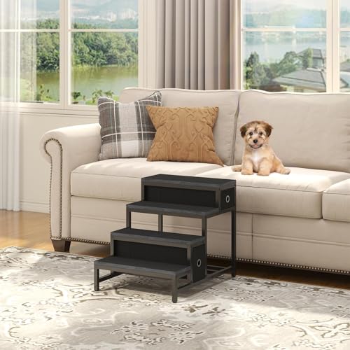 Saudism Pet Bunk Bed with Removable Stairs and 2 Drawers, Dogs/Cats Window Perch, Dog Window Seat with Soft Cushion, Ultra-Shallow Steps, Sturdy Metal Frame, Non-Slip, Load Capacity 60 LBS - color: Black
