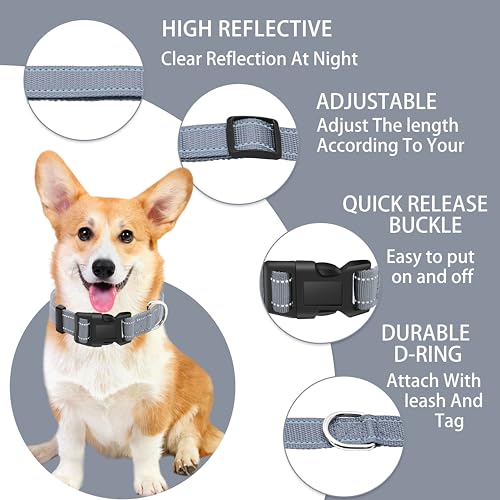 Reflective Dog Collar with Safety Locking Buckle, Adjustable Soft Breathable Nylon Collars for Small, Medium and Large Dogs(Collar+Leash XS Width 5/8" Gray) - color: Gray, size: X-Small (Width 5/8")