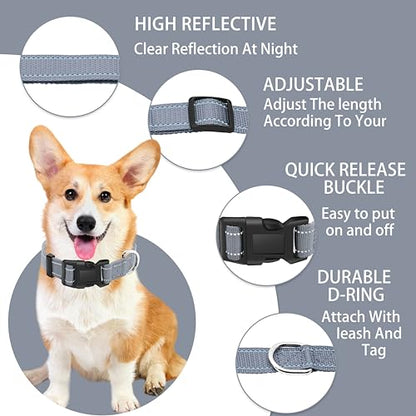Reflective Dog Collar with Safety Locking Buckle, Adjustable Soft Breathable Nylon Collars for Small, Medium and Large Dogs(Collar+Leash XS Width 5/8" Gray) - color: Gray, size: X-Small (Width 5/8")