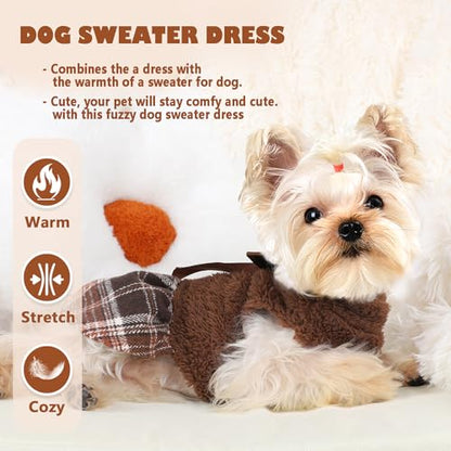 Dog Sweater Dress,Dog Dress Clothes Dresses for Small Dogs Girl Winter Fall Flannel Warm Pet Puppy Cat Tutu Princess Plaid Female Sweater (Medium, Brown) - color: #1 Brown, size: Medium (Chest 18.5 in)