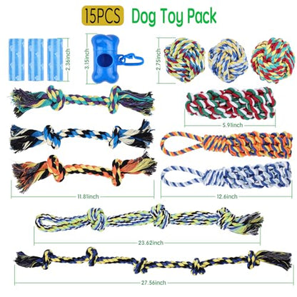15 Pack Dogs Rope Toys for Large/Medium/Small Aggressive Chewers, Tough Cotton Dental Rope Toys Kit, Heavy Duty Dog Tug of War Toy for Chewing, Playing, Teething, Teeth Cleaning, Tossing and Catching - size: 15pc
