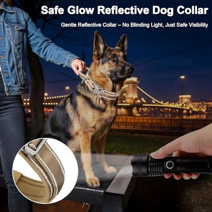 Heavy Duty Tactical Dog Collar and Leash Set, Military Training Nylon Reflective Collar with Handle Metal Buckle for Medium Large Dogs,Brown, XL (1 Patch Included) - color: Reflective Collar Brown Set, size: XL