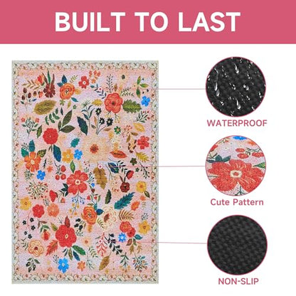Cat Litter Mat, 35" x 23" Litter Box mat, Upgrade Non-Slip Kitty Litter mat, Traps 100% Litter, Soft on Kitty Paws, Easy Clean for Scatter Control, Bohe cat Food mat, Urine Waterproof - color: Pink Garden, size: Large（35"x23"）