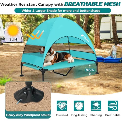 Windproof Elevated Dog Bed with Canopy & Stakes, 3-Sided 90% UV Block, Chew-Proof Teslin Mesh Mat for Large Dogs up to 150lbs(Blue X-Large) - color: Blue, size: X-Large