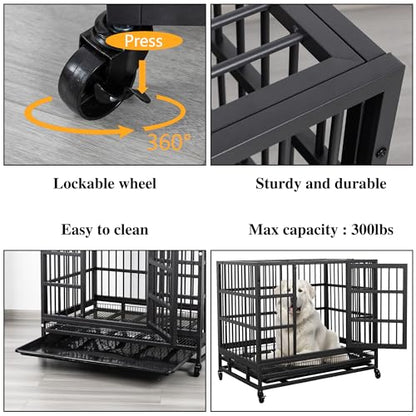JY QAQA 38 Inch Heavy Duty Indestructible Dog Crate, Escape Proof Dog Cage Kennel with Lockable Wheels,High Anxiety Double Door Dog Crate, Xl Extra Large Crate Indoor for Large Dog with Removable Tray - size: 37.8"x 25.5"x 30.7"(L)