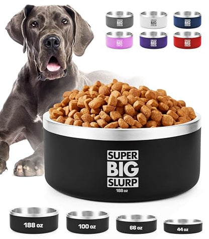Tuff Pupper Heavy Duty Insulated Dog Bowl | Double Wall Stainless Steel Dog Food Dish | Non-Slip Spill Proof Dishwasher Safe Cat Bowl | Water Dish for Feeding Large Medium Small Pets (188oz, Black) - color: Epic Black, size: 188oz