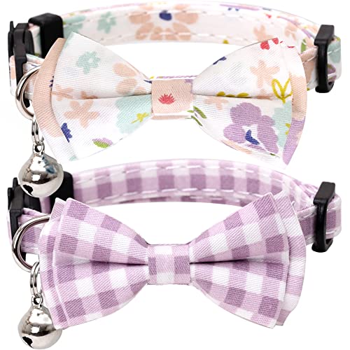 2 Pack/Set Cat Collar Breakaway with Cute Bow Tie and Bell Plaid Flower for Kitty Adjustable Safety - color: Purple