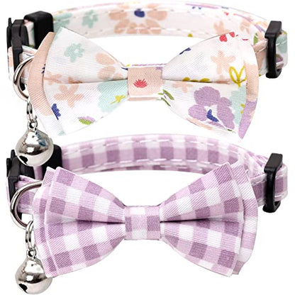2 Pack/Set Cat Collar Breakaway with Cute Bow Tie and Bell Plaid Flower for Kitty Adjustable Safety - color: Purple