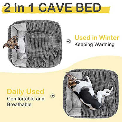 GASUR Dog Beds for Large Medium Small Dogs, Rectangle Cave Hooded Blanket Puppy Bed, Luxury Anti-Anxiety Orthopedic Cat Beds for Indoor Cats, Warmth and Machine Washable (25 inches, Grey) - size: M (25"x 21"x 8")