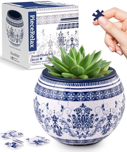 PieceRelax 3D Puzzle Planter - Classic Ornamental Style - Small Round Plant Pots with Drainage, for Mom, Home Decor Flower Pots for Indoor Cactus, Succulents Pots [K1103] - color: Classic Ornamental Style