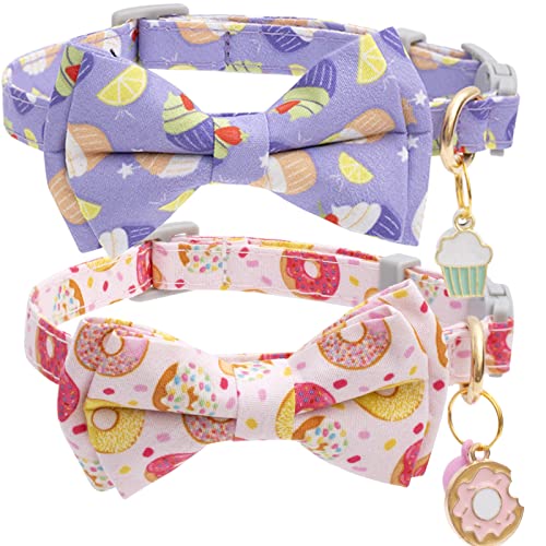 Faygarsle 2 Pack Cute Cats Collar with Bell Breakaway Bowtie Cat Collars for Male Female Cat Soft Fancy Pink Purple Cat Collar with Ice Cream Doughnuts Pattern Summer Cat Collar for Boy Girl Cats - color: Ice Cream&Doughnuts