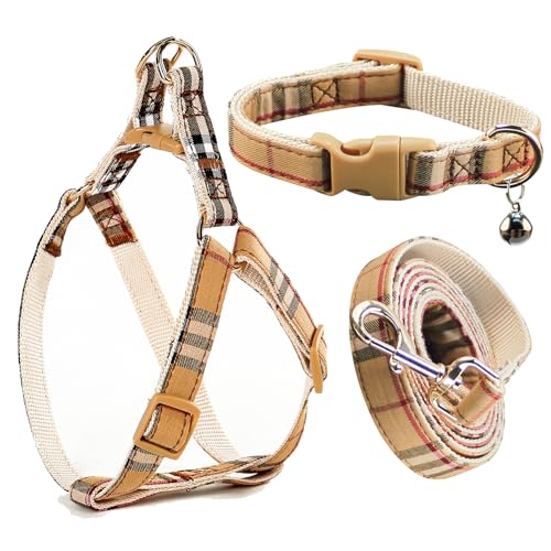 Cute Plaid Dog Collar Harness and Leash with Safety Buckle - Adjustable and No Pull Comfortable Dog Collars for Small Puppy, Stylish Durable Gift for Boy Girl Pets - color: beige-03, size: S