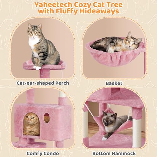 Yaheetech 64.5in Extra Large Cat Tree, Multi-Level Sturdy Tower with 2 Perches, 2 Condos, 5 Sisal Scratching Posts, Hammock Basket & Dangling Balls, Ideal for Large Kitty Multi-Cat Households, Pink - color: Pink, size: 64.5in