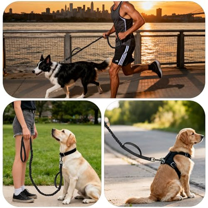 FOVRLZSE Reflective Bungee Dog Leash(Black) - 4FT to 5FT Adjustable Shock Absorbing Leash with Double Padded Handle & 360° No Tangle Metal Clasp for Small Medium Large Dogs - color: Black