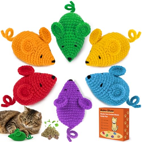 Retro Shaw Catnip Toys Crochet Mouse 6 Pcs - 100% Natural Catnip & Silvervine Blend Yarn Cat Nip Mice, Durable Hand-Knitted Teething Chew Toy for Indoor Cats & Kittens, Interactive Play & Dental Care - style: Mouse-6
