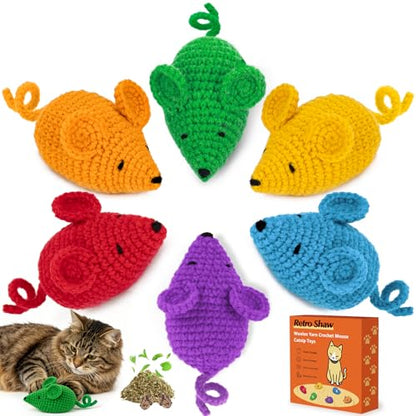 Retro Shaw Catnip Toys Crochet Mouse 6 Pcs - 100% Natural Catnip & Silvervine Blend Yarn Cat Nip Mice, Durable Hand-Knitted Teething Chew Toy for Indoor Cats & Kittens, Interactive Play & Dental Care - style: Mouse-6