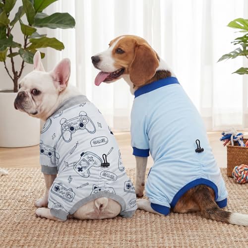 XPUDAC 4 Pack Dog Pajamas, Soft Puppy Clothes with Drawstring Adjustable Stretchy Dogs Onesie for Small Medium Doggie Shed Defender Dog Suit Pet Outfit Boy, S - size: Small(Chest:12.3~14.2")